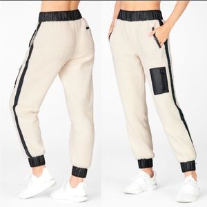 Fabletics Cream Sherpa Track Joggers with Black Trim